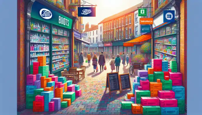 Vinyl Gloves in Guildford: Bustling Guildford high street with Boots and Sainsbury's shops displaying vinyl gloves in windows, shoppers browsing under sunny sky.