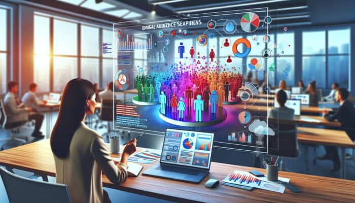 A Marketo digital workspace with a marketer selecting vibrant campaign templates, analyzing colourful audience graphs, and viewing diverse demographic icons in a modern office.