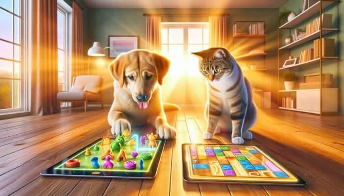 Puzzle Apps for Tablet Pet Play: A playful dog matches colourful toys on a tablet, while a clever cat navigates a maze in a sunlit room with focused expressions.