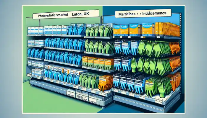 Powder Free Vinyl Gloves in Luton: Display of powder-free vinyl gloves in Luton market: blue medical-grade for healthcare, green and yellow industrial-grade in various sizes on shelves.