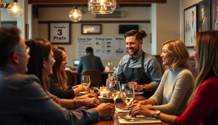 Waitstaff in a cosy restaurant warmly engaging with smiling guests, offering personalised menu recommendations in a welcoming atmosphere.