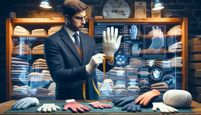 A person measures hands with a tape in a bright UK glove shop, examining cotton gloves and sizing charts.