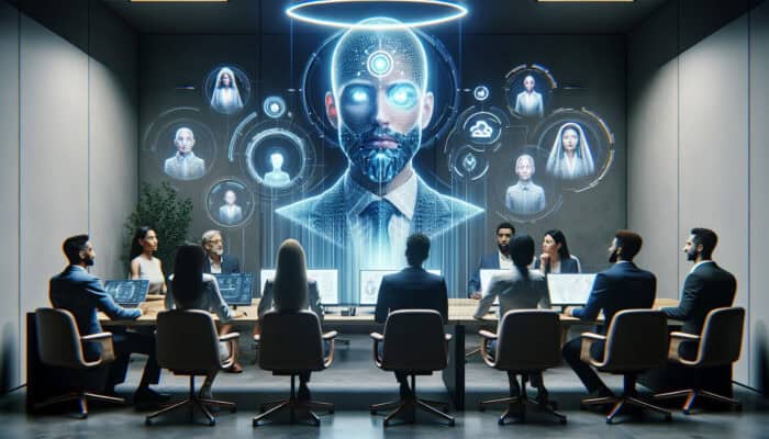 Visionary leader in a modern home office inspires diverse remote team via holographic video call, with digital tools and motivational symbols in the background.