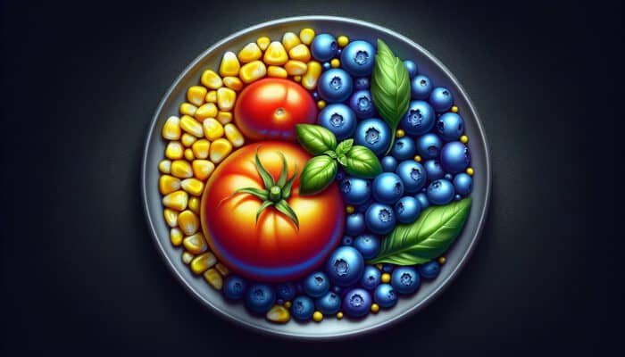 A vibrant plate of food with a red tomato, yellow corn, blue blueberries, and green basil, creating an appealing contrast.