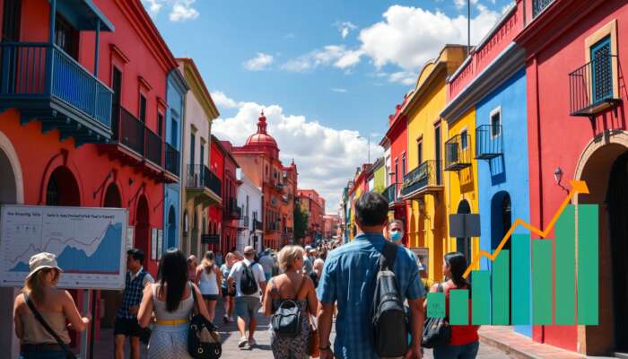 Vibrant street scene in San Miguel de Allende: colorful colonial architecture, tourists admiring real estate signs and upward graphs under a sunny sky.