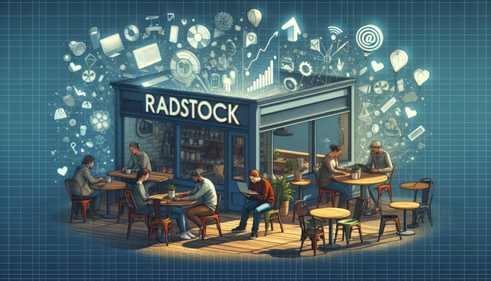 A small business owner in a Radstock café at a laptop, surrounded by social media icons and sales growth graphs.