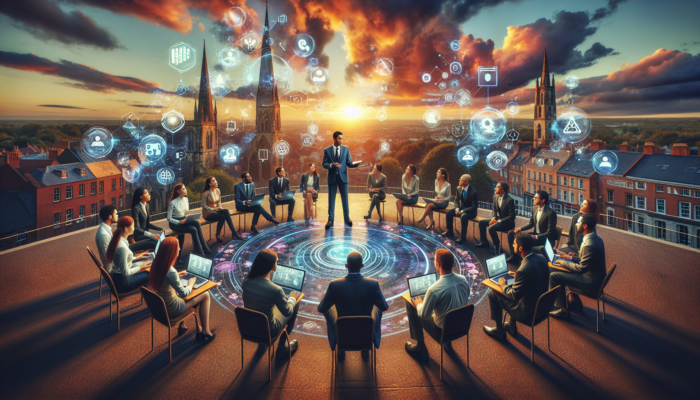 A team of diverse experts discussing social media strategies on laptops against the scenic backdrop of Shaftesbury's Gold Hill at sunset, surrounded by digital icons.