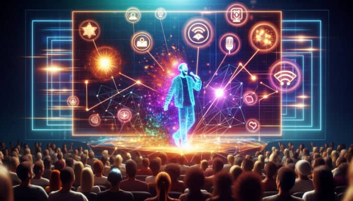 A charismatic comedian on stage entertains a diverse laughing audience, with holographic graphs showing rising watch times and exploding share icons.