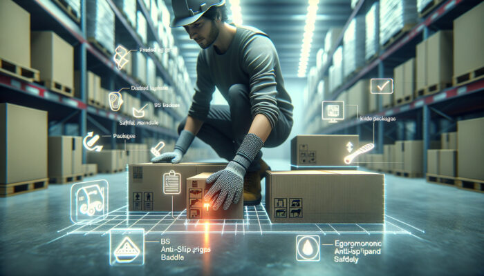 A UK warehouse worker handling fragile packages with ergonomic anti-slip grips and padded tools, under soft lighting for safety.