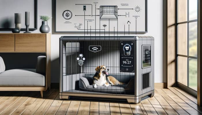 Tech-Integrated Crates For Pets: A modern pet crate with sensors, wireless connectivity, and a digital display, holding a comfortable dog in a cozy home setting.
