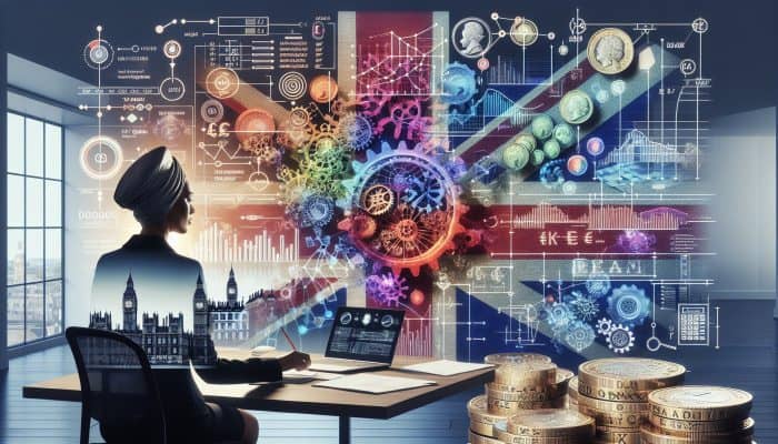 Debt Consolidation vs Bankruptcy Explained: Pros and Cons | DCL Financial advisor in a modern London office examines debt consolidation diagrams with pound stacks and gears, against Big Ben backdrop.