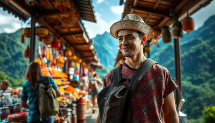 A traveler exploring a bustling market with colourful stalls, hiking lush green mountains, and joining a hands-on cooking class for cultural growth.