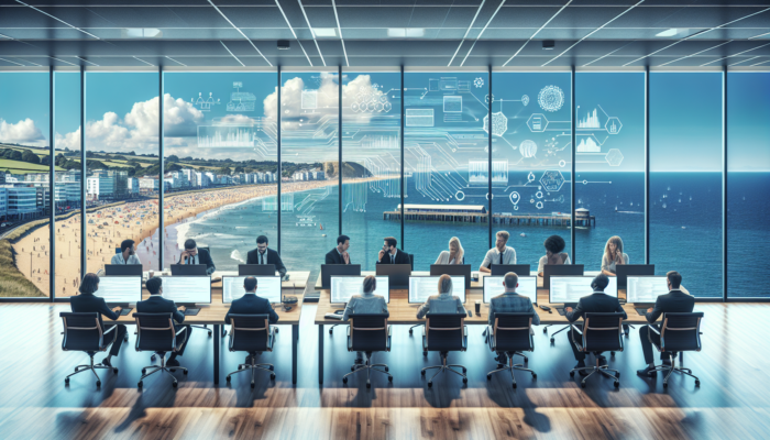 Diverse developers in a modern Bournemouth office with sea views, collaborating on WordPress projects using laptops and QA tools.