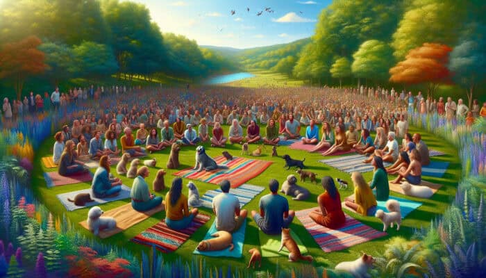 Diverse people sit in a circle on colorful blankets in a lush park, sharing pet stories with dogs and cats nearby under a sunny sky.