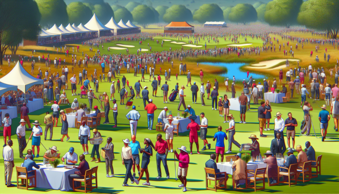 Benefits of Golf Charity Events: Busy scene at a South African golf charity event in Gauteng: diverse workers setting up tents, organizing logistics, and maintaining greens, symbolizing 30-50 job creations.