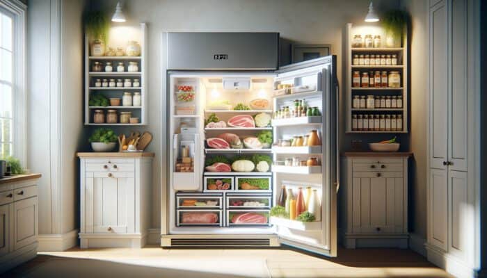 Well-organized kitchen: open fridge with fresh meats, dairy, and labeled vegetables; tidy pantry with dry goods; soft natural light.
