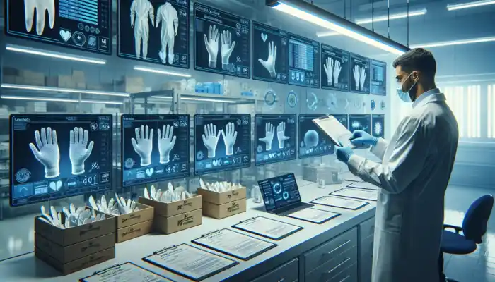 Quality assurance professional evaluating latex gauntlet glove samples in a sterile lab, surrounded by checklists, packaging, and tablets under bright lights.