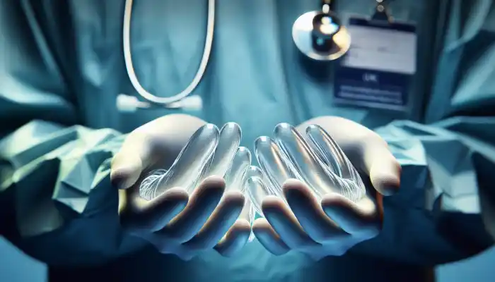 Close-up of hands in smooth, powder-free vinyl gloves during a precise medical procedure in a sterile UK hospital, emphasising flexible, latex-free material.