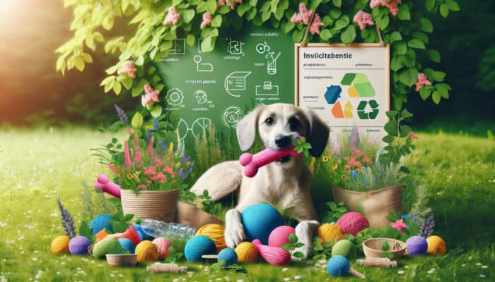 Sustainable Toys for Dogs: A playful dog chews vibrant eco-friendly toys made from recycled plastics, organic cotton, and hemp in a lush green park.