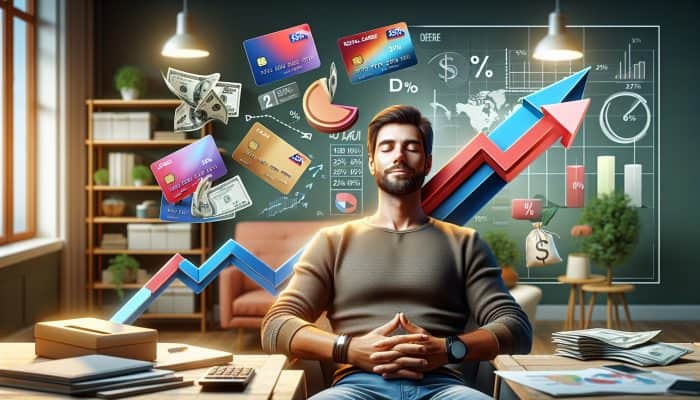 UK person in cozy office consolidates colorful store cards into loan; graphs show rates dropping from 25% to 10%, symbolising financial freedom.
