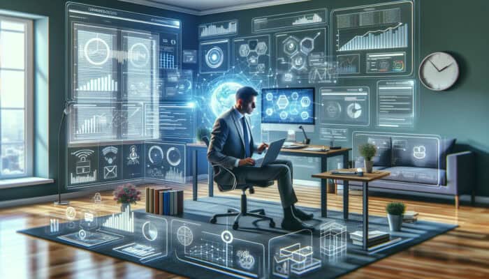 A focused virtual assistant in a modern home office analyzes e-commerce data on screens with CRM, SEO, and analytics tools.