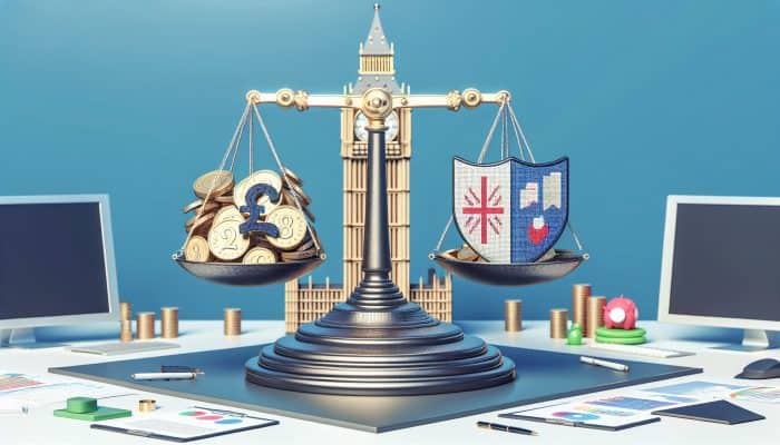 Talking to Your Partner About Debt Problems: A Guide | DCL Illustration of scales balancing pound coins and shields, with Big Ben, symbolising UK debt law protections for borrowers.