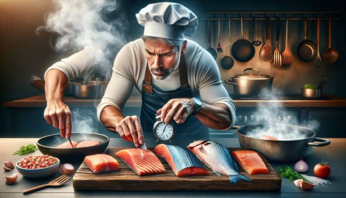 Chef measures fish fillets of varying thicknesses with a ruler on a wooden board, as salmon sizzles in a pan and tilapia flips quickly, with a timer and steaming pot nearby.