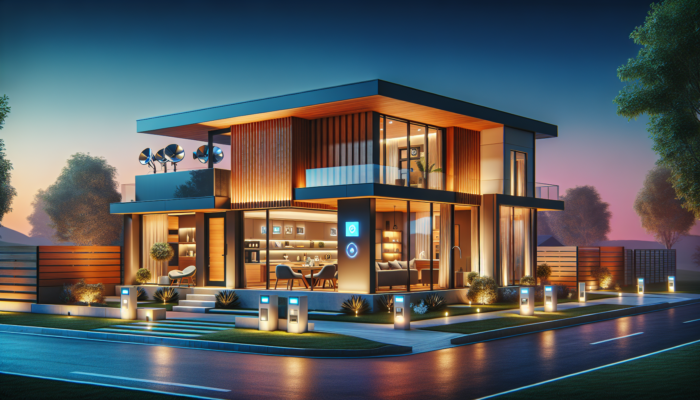 Modern suburban home with automated lighting, smart thermostats, solar panels, sleek interior, and high-tech security under natural light.