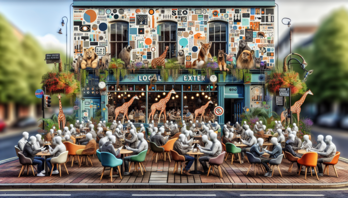 Mobile Website Design in Exeter for Small Business: Vibrant Exeter street scene with modern Giraffe café, showing responsive website on smartphones and tablets as customers browse the menu.