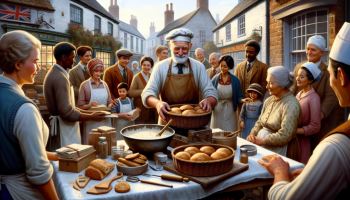 A skilled baker demonstrates traditional recipes with vintage tools in a bustling UK village bakery, surrounded by storytelling locals.