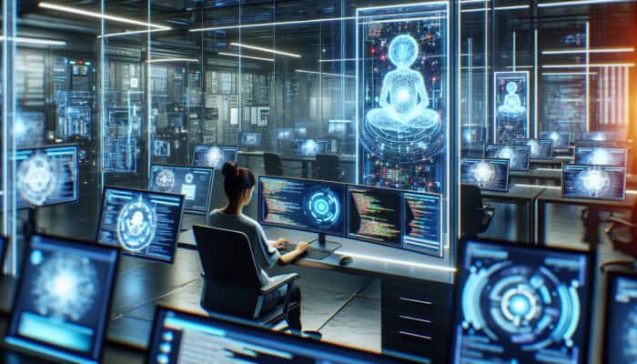A futuristic developer codes automation scripts on glowing screens in a high-tech lab, with holographic assistants managing emails and meetings.