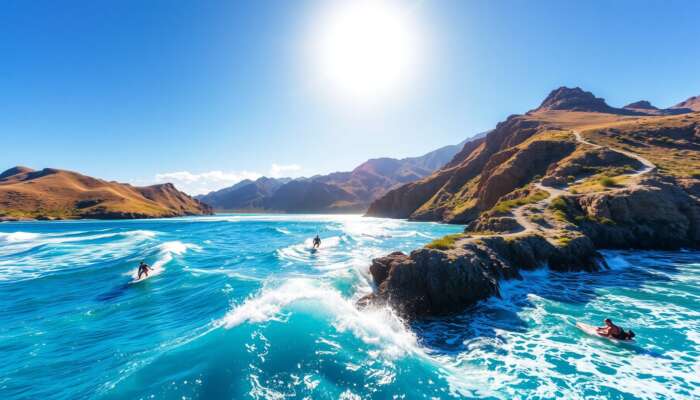 Surfers riding azure waves under a sunny sky, with hikers on rugged mountains, illustrating the terrain's impact on travel experiences.