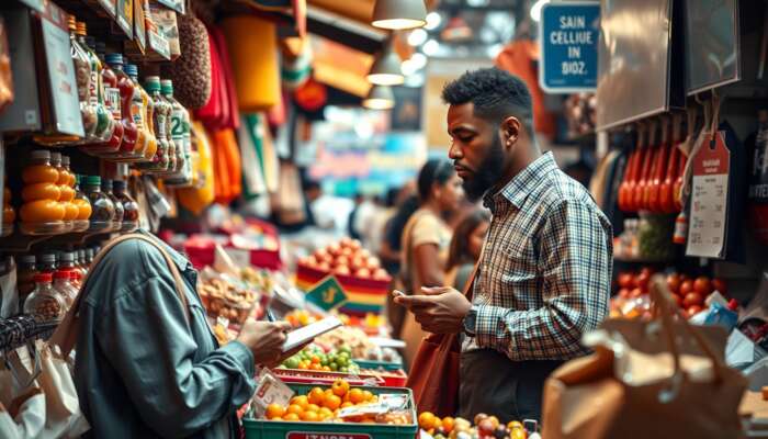 A diverse shopper in a bustling market examines colorful goods and negotiates prices with a vendor.