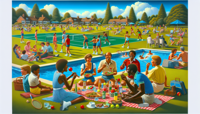 Glenvista Country Club: A vibrant 1980s scene at Glenvista Country Club: families picnicking on green lawns, people playing tennis and swimming under a sunny sky.