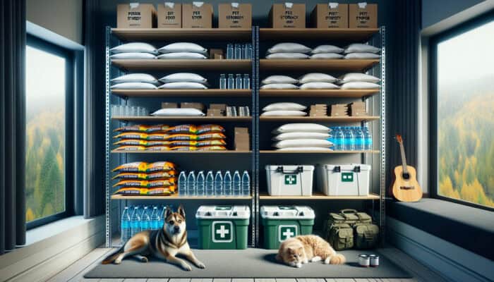 Disaster Supply Stockpiling for Pets: Organised pet emergency stockpile with stacked food bags, water bottles, and medical kits on shelves; calm dog and cat resting nearby.