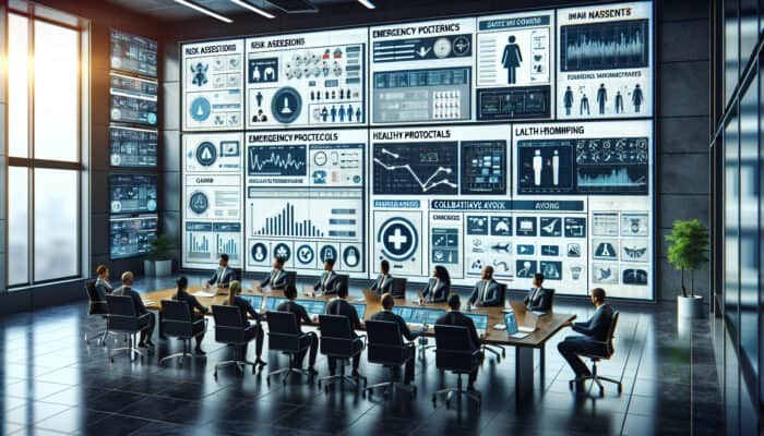 Diverse professionals in a modern office safety training session, surrounded by screens showing risk assessments, emergency protocols, and health tools.