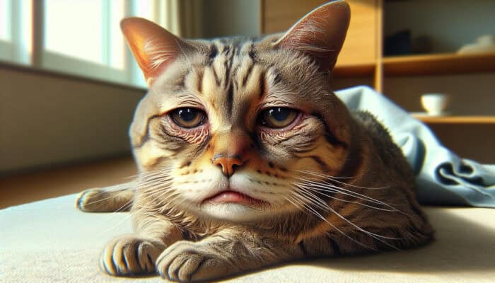 Signs of Dehydration in Cats: A lethargic tabby cat with dull eyes, dry gums, and loose skin lounges in a sunlit room, showing early dehydration signs.