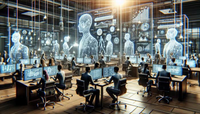 Diverse virtual assistants collaborating in a modern high-tech office, surrounded by holographic growth charts and innovative tools, symbolising productivity and legacy.