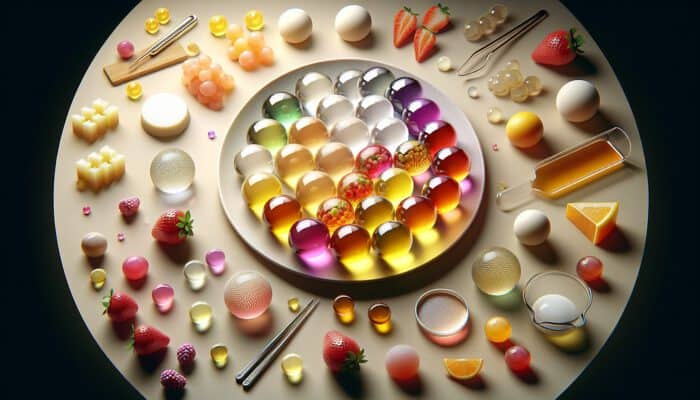 Secrets to a Perfect Spherification Dessert: Close-up of translucent, pearl-like spheres filled with vibrant fruit purees, encased in gel membranes on an elegant plate, surrounded by colorful ingredients under soft lighting.