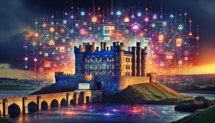 A medieval castle in Castle Cary surrounded by glowing SEO keywords, meta tags, and a laptop displaying optimized web pages at twilight.