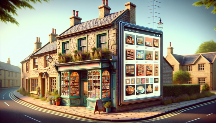Vibrant storefront of a small business in Castle Cary, featuring a digital display with optimized JPEG images of local products and alt text overlays.