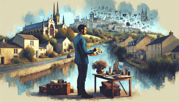 Small business owner in Stow-on-the-Wold creates Instagram posts of local products amid historic stone buildings and lush greenery.