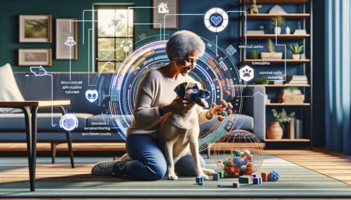 A content dog plays with interactive toys in a cosy living room, receiving gentle affection and positive reinforcement from its owner.