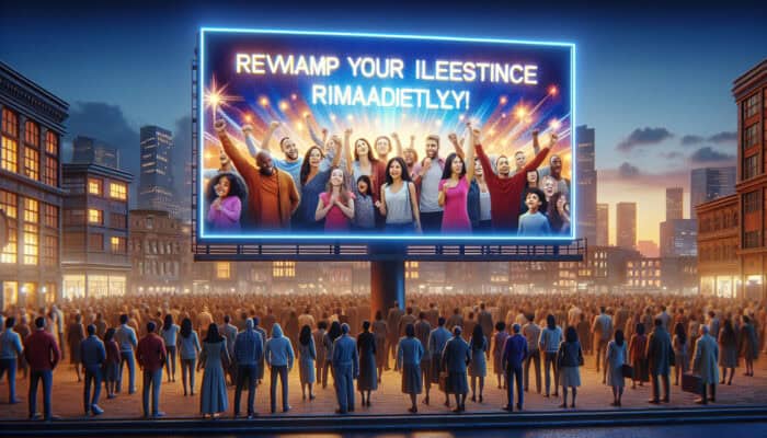 Urban dusk scene: a glowing billboard displays "Transform Your Life Now!" alongside images of diverse individuals succeeding, as an engaged crowd smiles below.