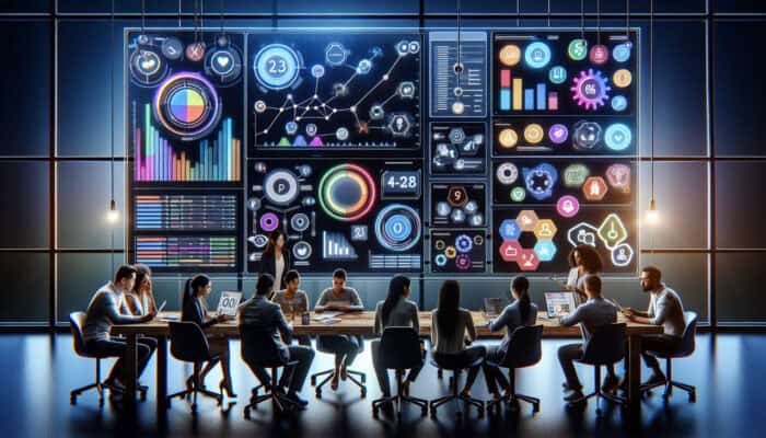 Sleek PPC dashboard with intuitive navigation, vibrant analytics graphs, and icons; diverse marketers collaborating in a modern office.