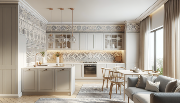 Modern kitchen featuring soft white walls, beige accents, light grey cabinets, and bold South African patterned wallpaper.
