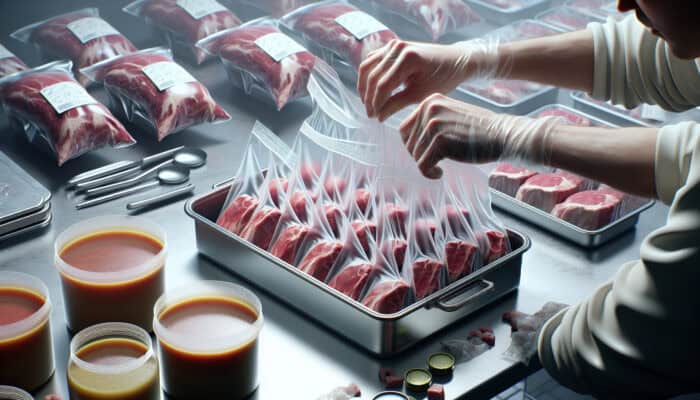 In a bustling kitchen, hands seal fresh meats in airtight bags while filling soups into vacuum-sealed containers for optimal freshness.