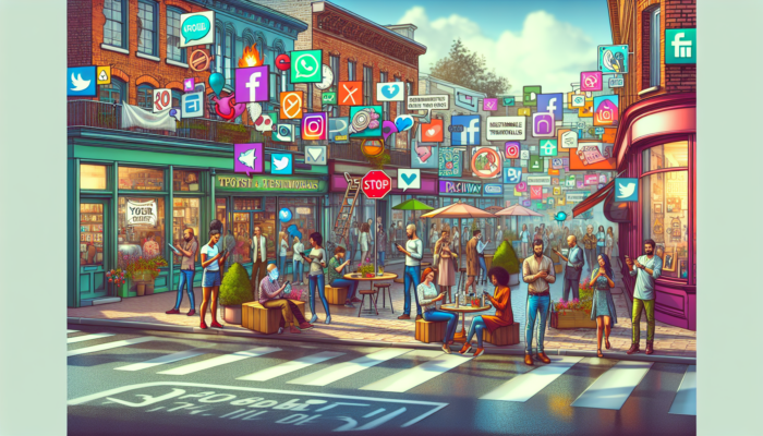 Social Media Strategy for Small Businesses in Patchway: A vibrant Patchway street showcasing small businesses with signs for Facebook, Instagram, and Twitter; business owners interacting with locals at a community event with devices.