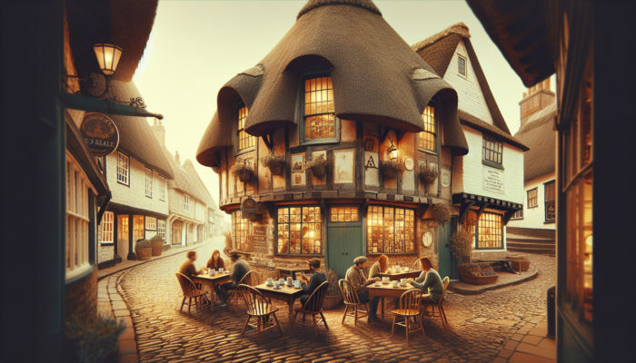 Copywriting in Shaftesbury for Small Business: A charming café on Shaftesbury's historic Gold Hill, with thatched roofs, vintage signage, patrons sipping tea at wooden tables, and warm golden light.