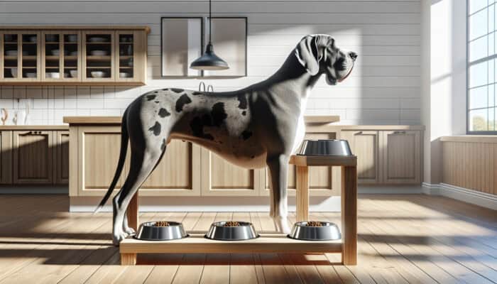 Elevated Feeders for Large Dogs: A large Great Dane stands at an elevated feeder with wooden legs and steel bowls, promoting joint health in a sunlit kitchen.